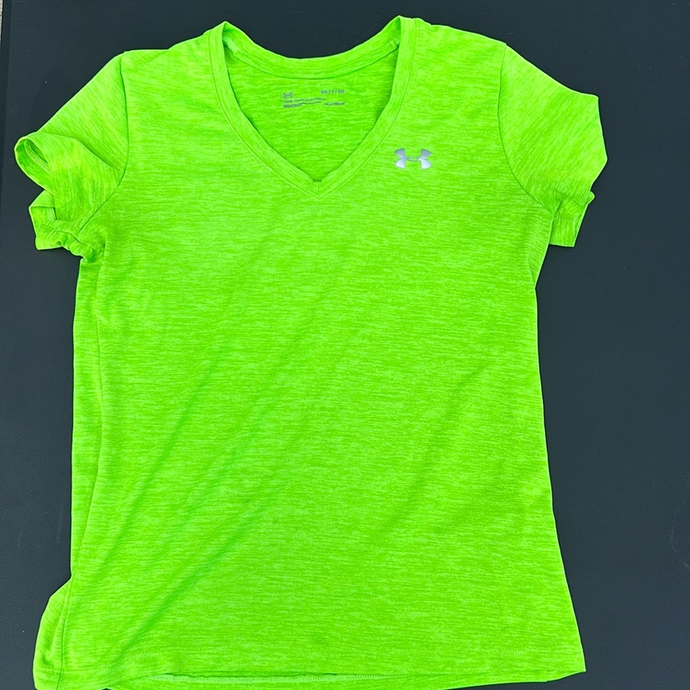 Neon green under Armour v neck t shirt; athletic